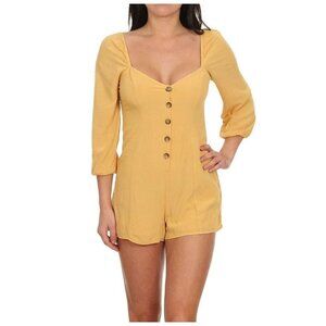 AMUSE SOCIETY Liliana Romper Sz M Yellow VNeck Button Up Puff Sleeve Viscose